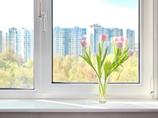 Окно с цветами на подоконнике в доме серии П-3